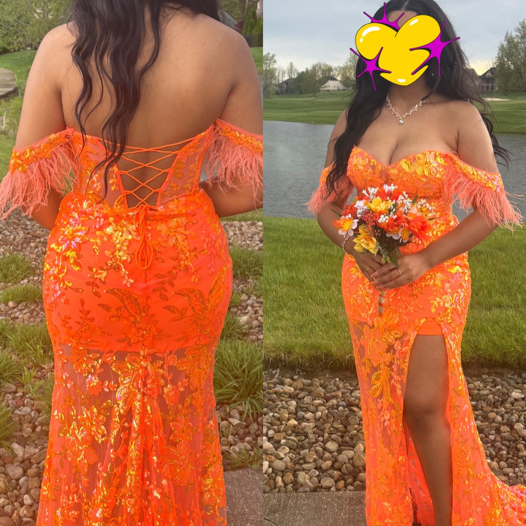 Orange Feathered Off-Shoulder Sequin Gown